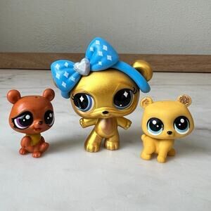 Littlest Pet Shop Gold Bear G7 #230 Owen Orson Bear #328 Ruffin Beret #266